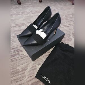 Vince Black Pointed-Toe Leather Pumps with Suede Strap
